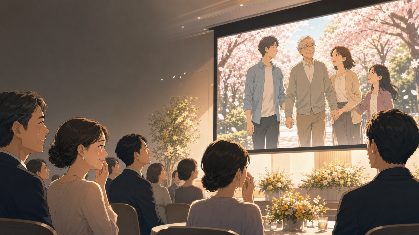 お別れの会で故人の思い出を描いたアニメ映像を見る家族と友人