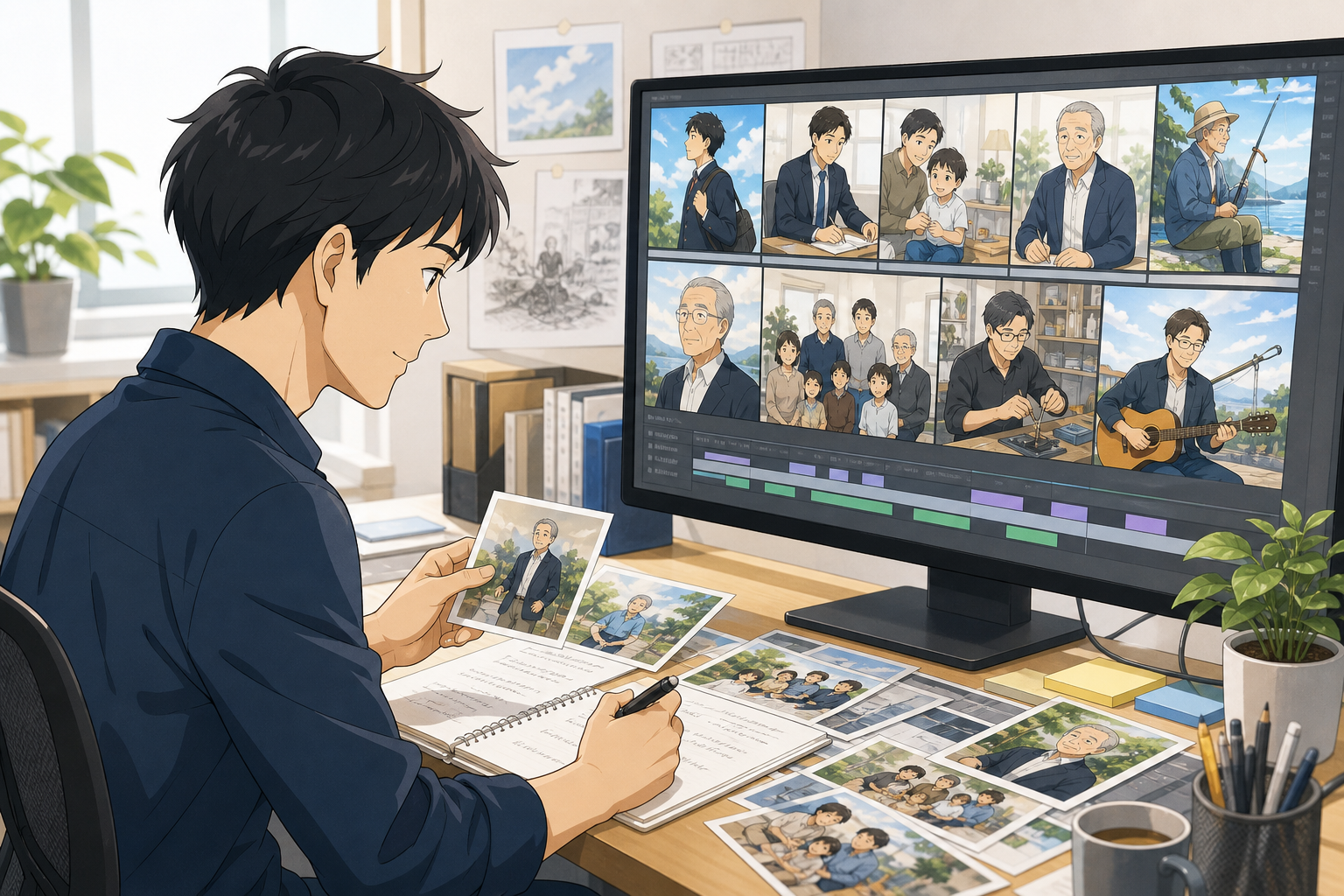 写真と聞き取り内容からアニメ映像を制作する様子