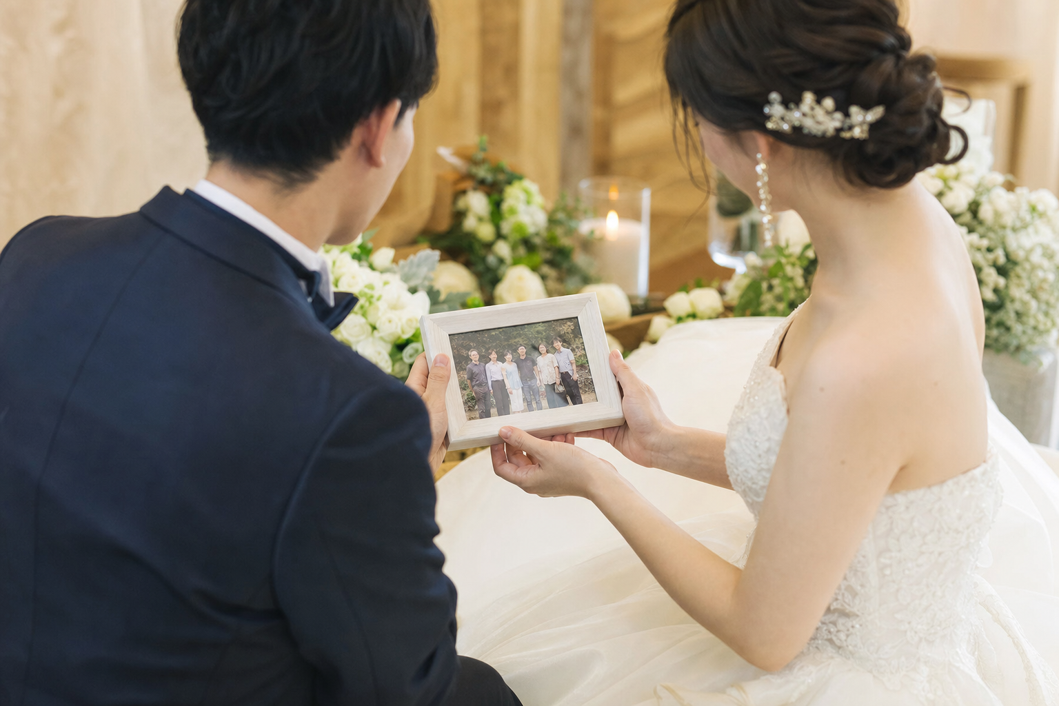 新郎新婦が家族写真を見つめる様子
